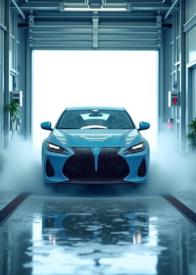 Eco-friendly car wash bay with foam